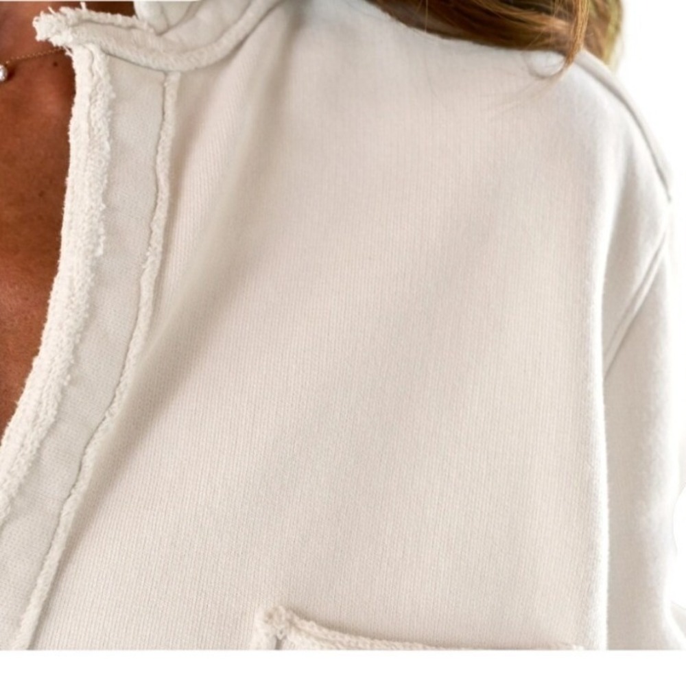 Frank &‎ Eileen Joann French Terry Button Down Shirt White Raw Edge Pocket - Picture 4 of 16